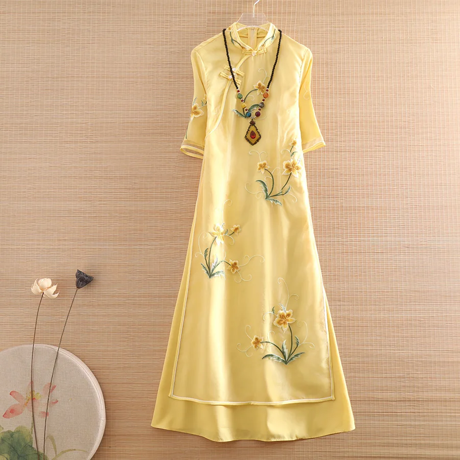 Женское вечернее платье-Ципао из органзы элегантное ТРАПЕЦИЕВИДНОЕ ПЛАТЬЕ с