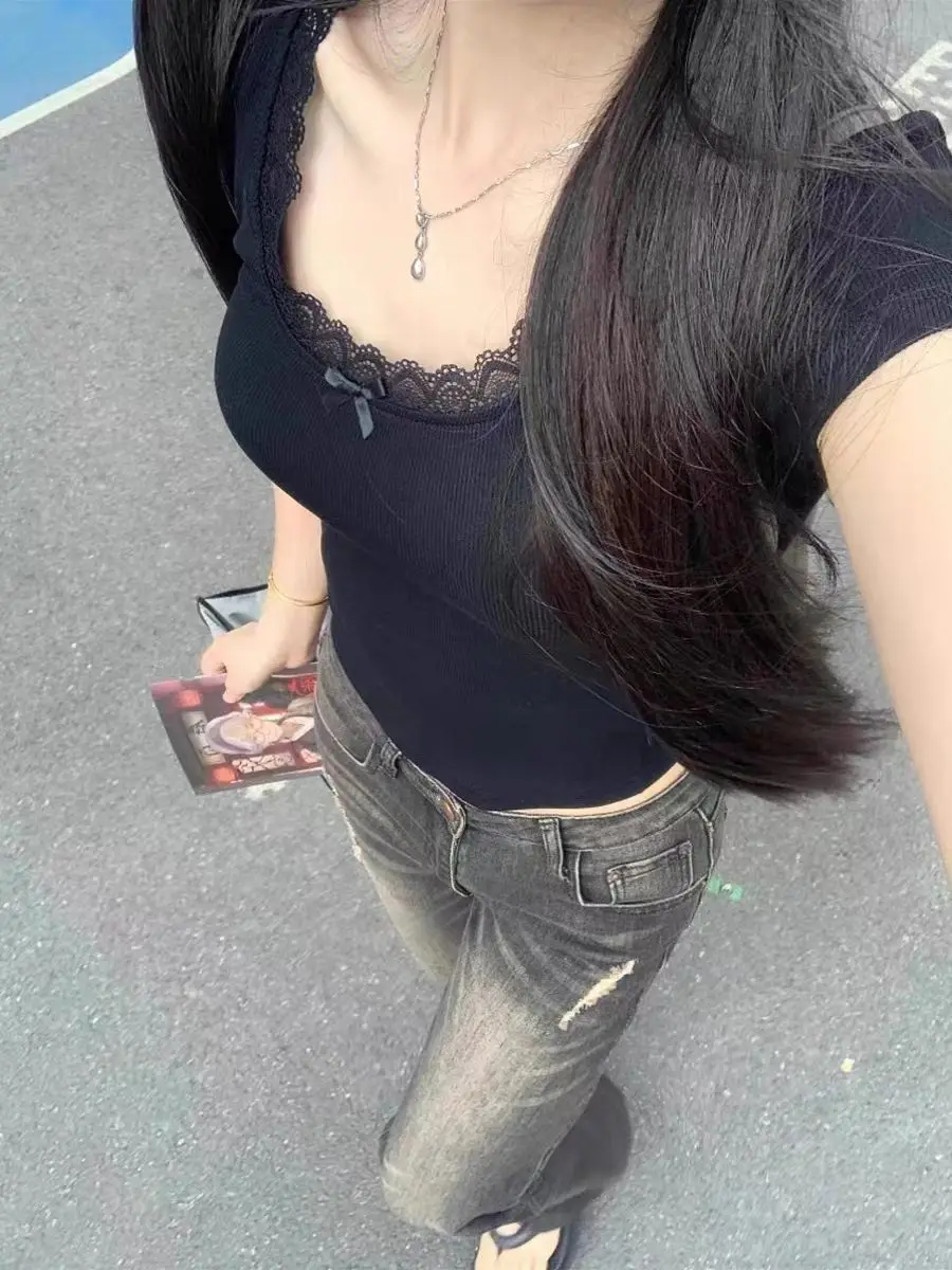 Корейская шикарная кружевная Лоскутная футболка kusхитки с квадратным воротником