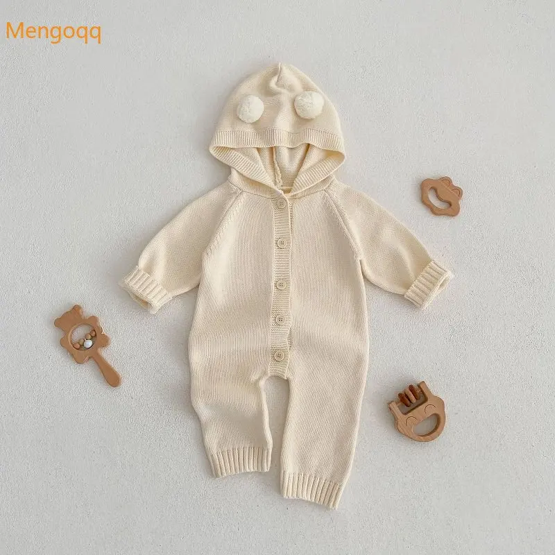 

Mengoqq Baby Newborn Boy Girl Solid Color Pom Poms Hooded Knitwear Jumpsuit Outfits Spring Clothes Infant Kids Romper 0-3Y