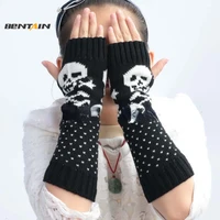 knitted skull gloves womens long fingerless gloves acrylic keep warm arm sleeve cover oversleeve half finger arm warmer