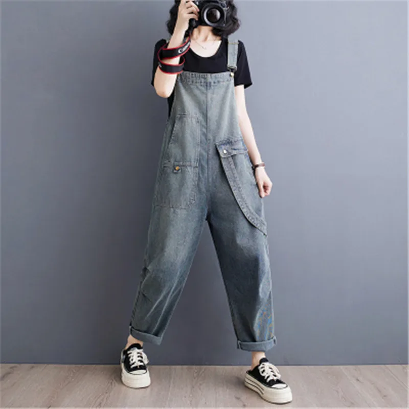 Женский джинсовый комбинезон в стиле ретро Модный с диагональными карманами