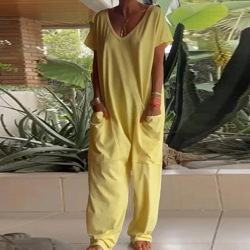 Женский комбинированный комбинезон из хлопка элегантный однотонный с короткими