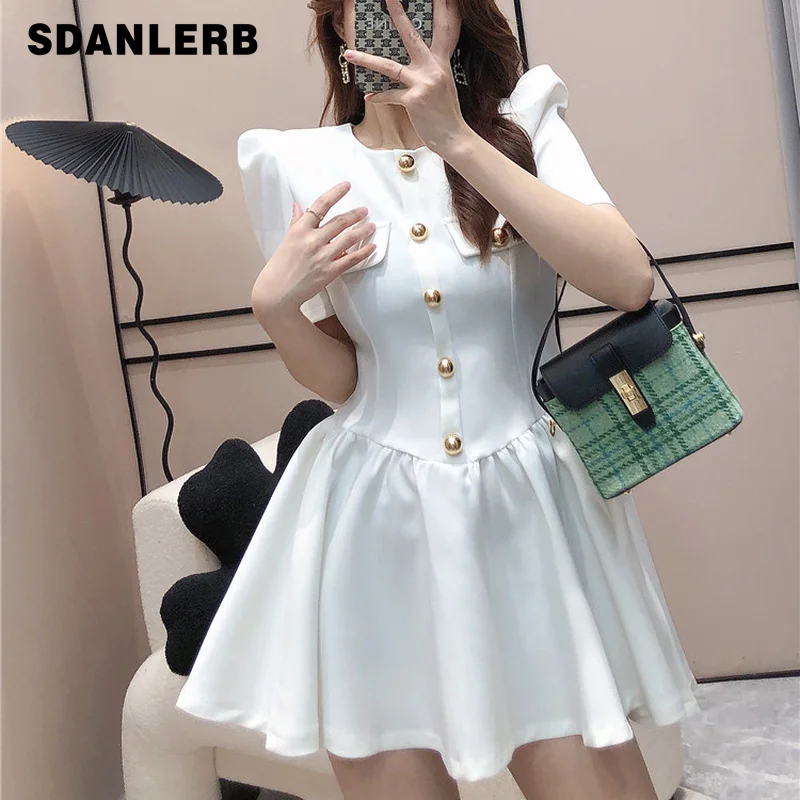 

Short Puff Sleeve Round Neck Dress Female Summer New Single-Breasted Niche Temperament Socialite Waist-Tight A- Line Dress