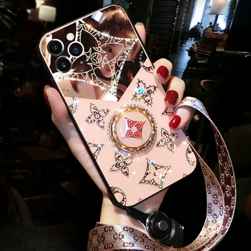 

Luxury Glitter Diamond Makeup Mirror Ring Holder Phone Case For iPhone 14 13 12 11 Pro X XR Xs Max 7 8 SE2020 Cover With Lanyard