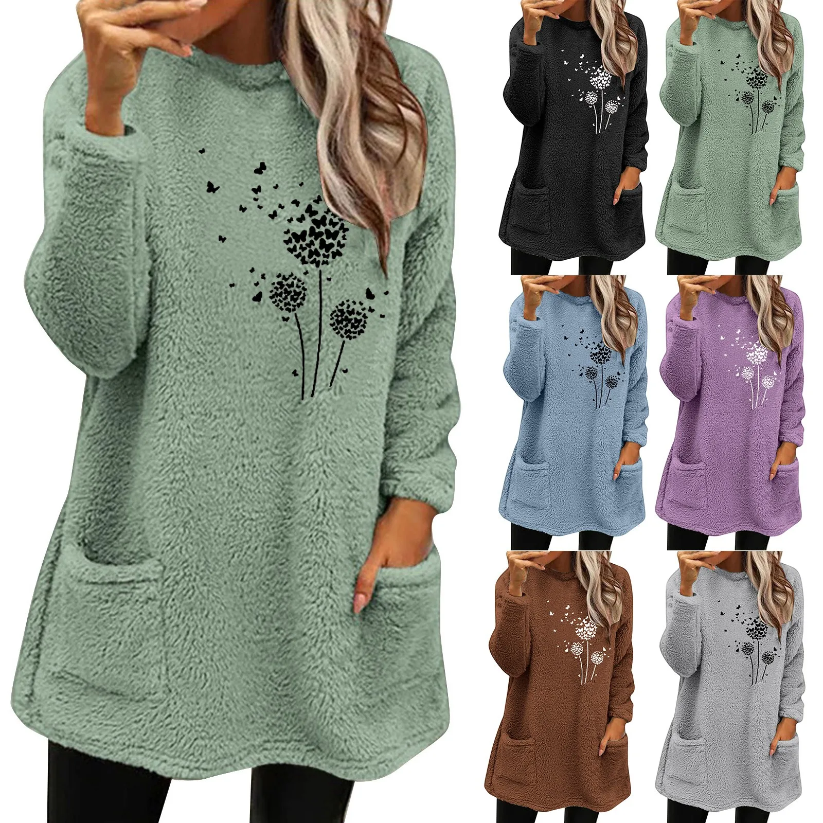 

Womens Winter Coat Loose Wool Jacket Long Sleeved Jumper With Pockets Long Sleeve Sweater Women Quilted Tunic Women