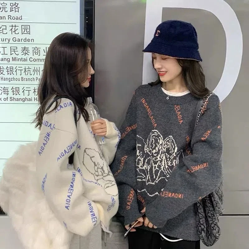 

Вязаная одежда с принтом ангела винтажный свитер для женщин новинка осень-зима плотный свободный в студенческом стиле корейская мода эстетичный дизайн