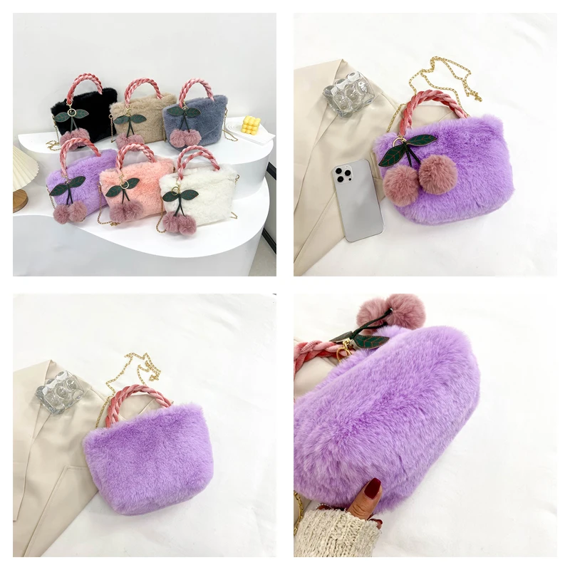 Cherry Fluffy Bags For Women 2022 Chains Plush Tote Bag Black Soft Furry Bags Luxury Designer Handbag  Solid Fur Shoulder Bags
