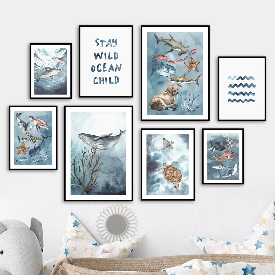 

Настенная картина для детской комнаты, постеры и принты на холсте с китами, акулой, Осьминогами, черепашкой, океаном, скандинавские картины ...