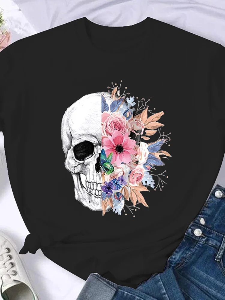 

Футболка женская с графическим принтом, модная рубашка с забавным принтом черепа, цветов, в стиле Харадзюку, лето 2022