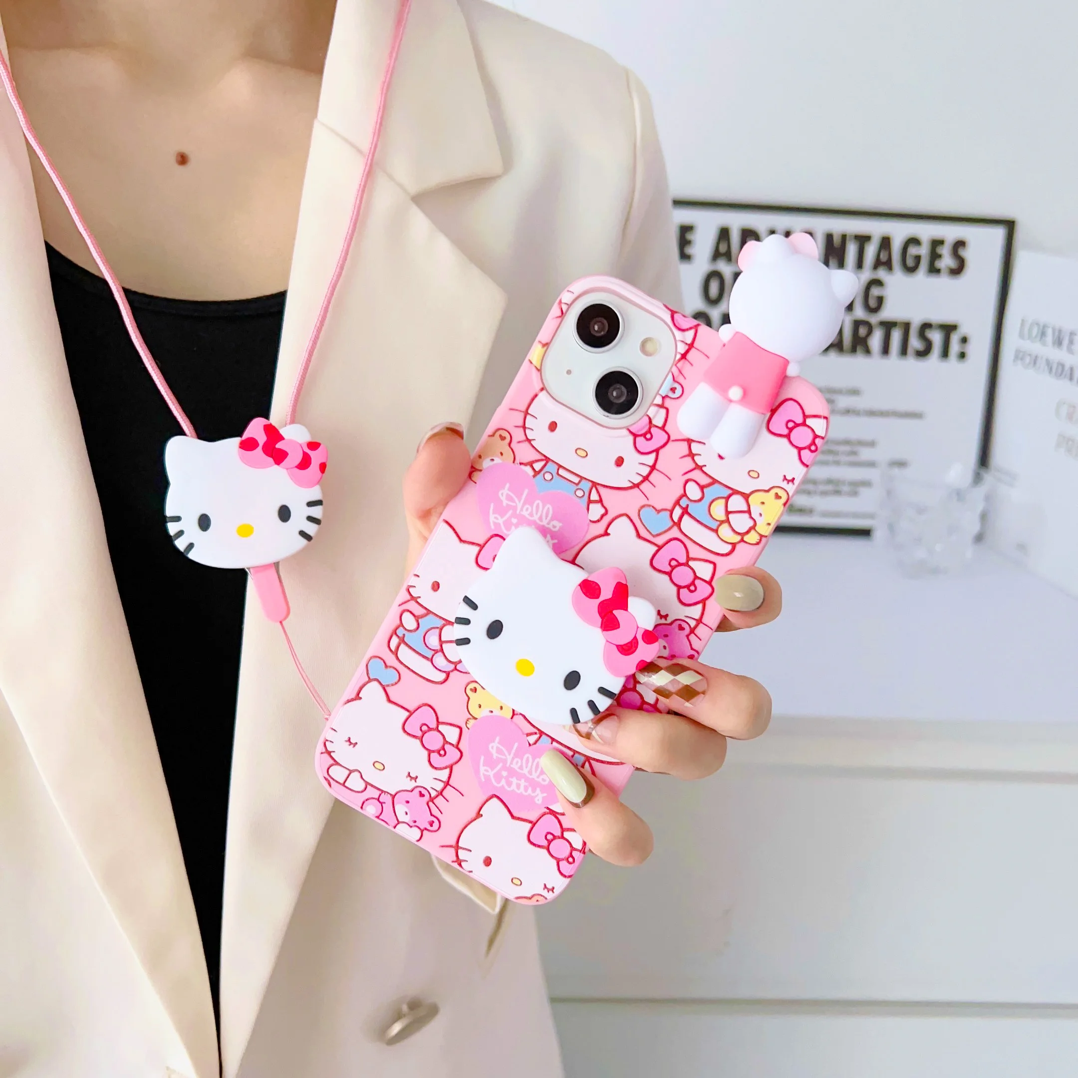 For iPhone 6 6s 7 8 X Xs Max XR 11 12 13 14 Pro SE Max Hello Kitty Phone Case With Holder Rope images - 6