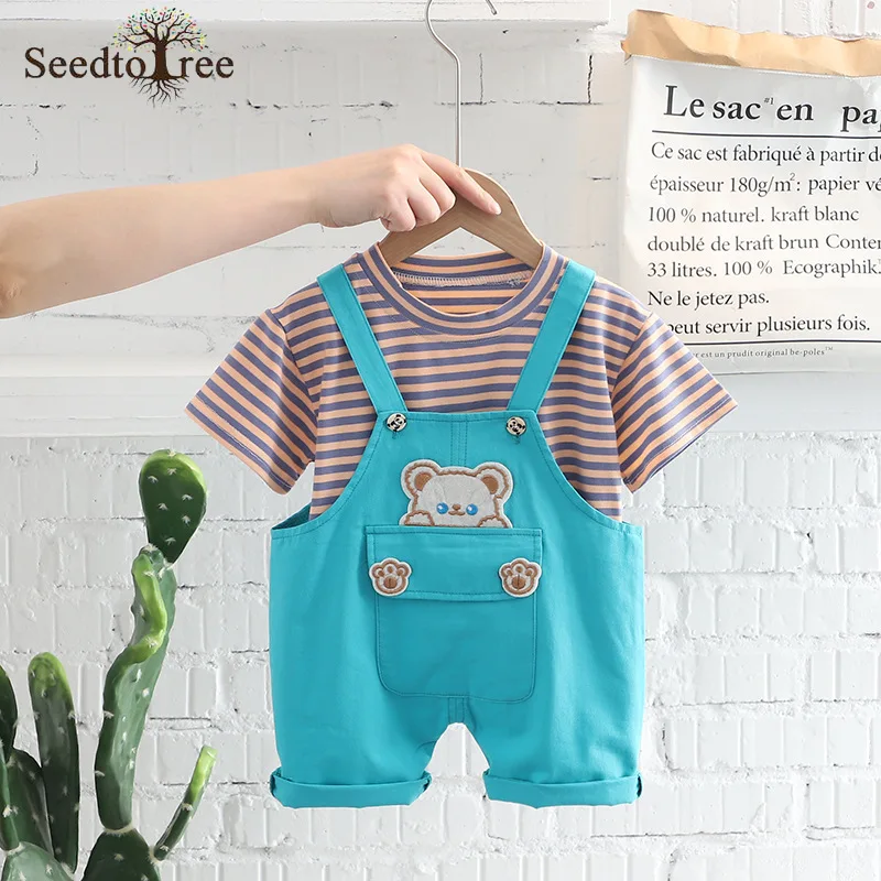 

Лето 2022, Повседневные детские комплекты, футболка в полоску с круглым вырезом и коротким рукавом, шорты на бретелях, костюм из двух предметов