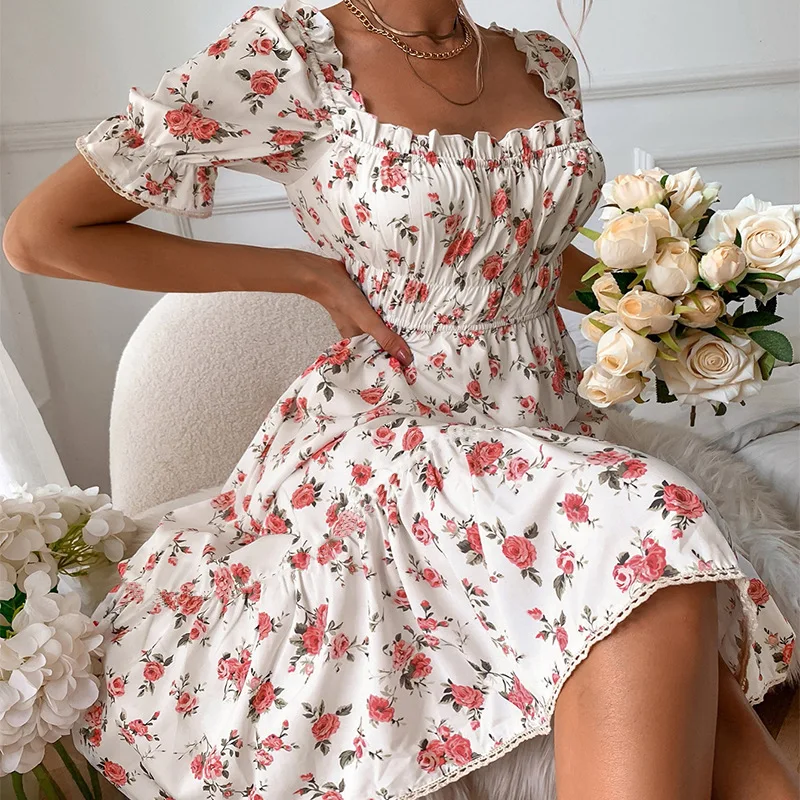 

Retro Square Neck Printed Summer Dress Women Puff Sleeve robe femme Ruffles Ruched Mini Allover Floral Flounce Sleeve vestidos