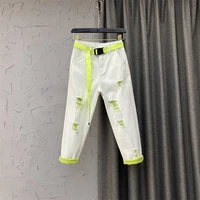 2022 new summer clothing ripped harem pants women contrast color curling cropped jeans holes white denim pants hot girls jean