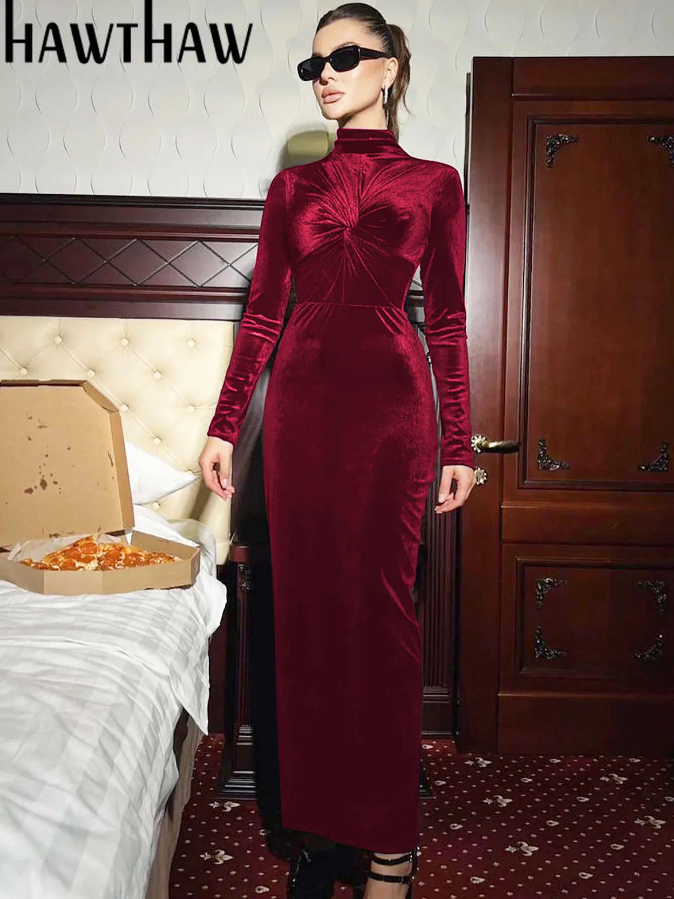 Женское осенне-зимнее длинное Бархатное облегающее платье с длинным рукавом