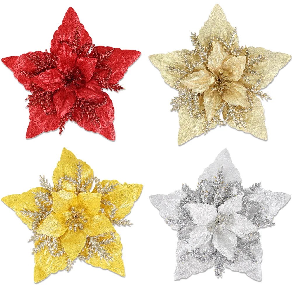 Natal Cortado Flor De Ouro 16cm E Prata Искусственный Cabeça Guirlanda Rattan Decora Opr a