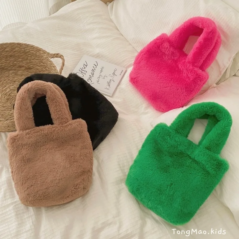 

Winter Kids Hot Pink Small Soft Plush Tote Bag Toddler Baby Faux Fur Bucket Bag Furry Handbag Little Girls Cute Fluffy Purse