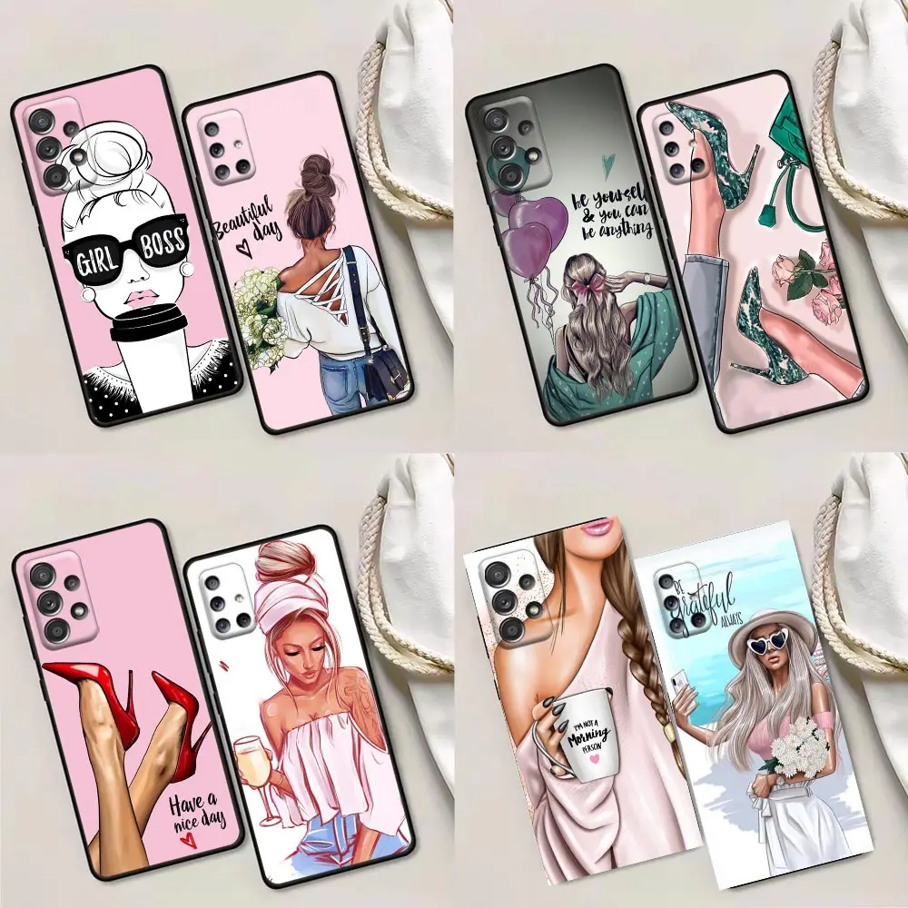 

Phone Case for Samsung A01 A02 A03s A11 A12 A21s A32 A41 A72 A52s 5G A91 A91s Soft Case Princess Female boss coffee Legs