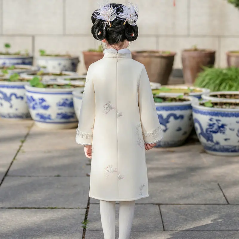 Зима-Осень для девочек бежевое платье чи-пао флисовый воротник-стойка манжета из