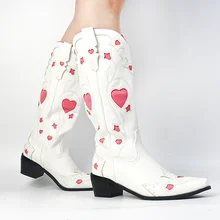 Cowgirls Cowboy Wesetrn Boots For Women 2022 Heart Pointed Toe Floral Embroidery Chunky Heel Knee High Vintage Riding Boots