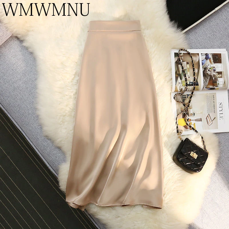 

Satin Korean Skirts Spring High Waist Mid-Calf Dress OL Work Wear Basic Imitation Silk Bottom Wear Lightweight Aesthetics Female