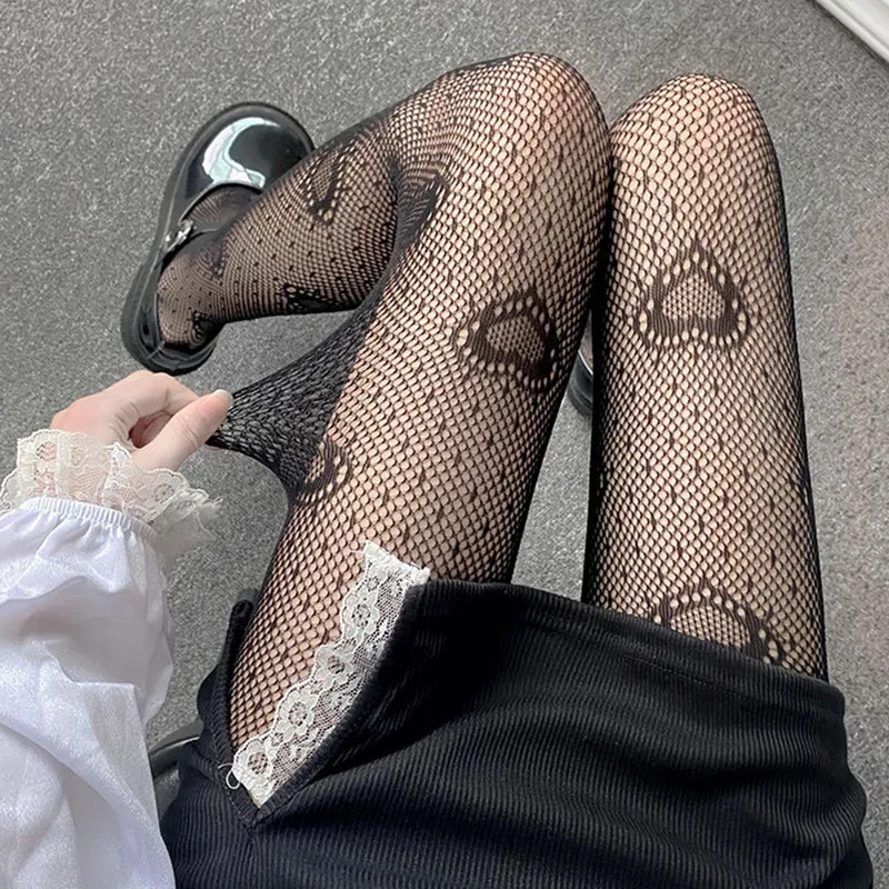 

Sexy Lace Stockings for Women Gothic Heart Floral Mesh Pantyhose Fishnet Girl Hollowed Out Fishnet Lace Black Stocking
