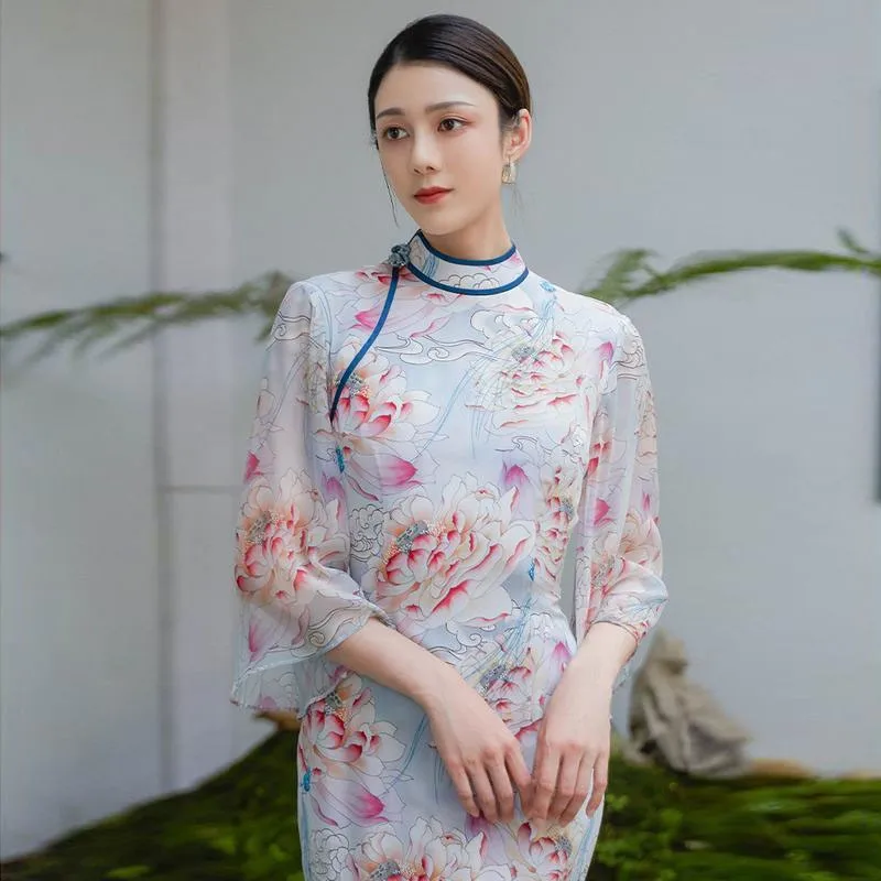 

Orientale Clothing Light Blue Cheongsam Dresses Chinese Vintage Female Lotus Floral Ethnic Style Imitation Silk Long Retro Dress