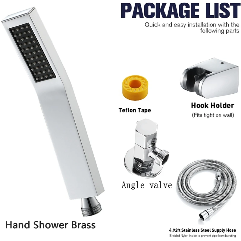 

Brass Square Hand Held Shower Head With ABS Wall Holder, 1.5M Stainless Steel Hose And Stainless Steel Angle Valve