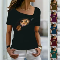 2022 new style womens pullover 3d cartoon cat print t shirt v neck short sleeve loose t shirt casual summer plus size shirt