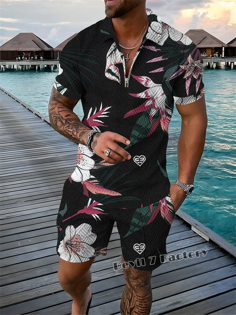 Summer Fashion Man Sets 3D Polo T Shirts Shorts Tracksuit 2 Pieces Suits Casual Quick Dry Men's Clothing Streetwear Social Shirt