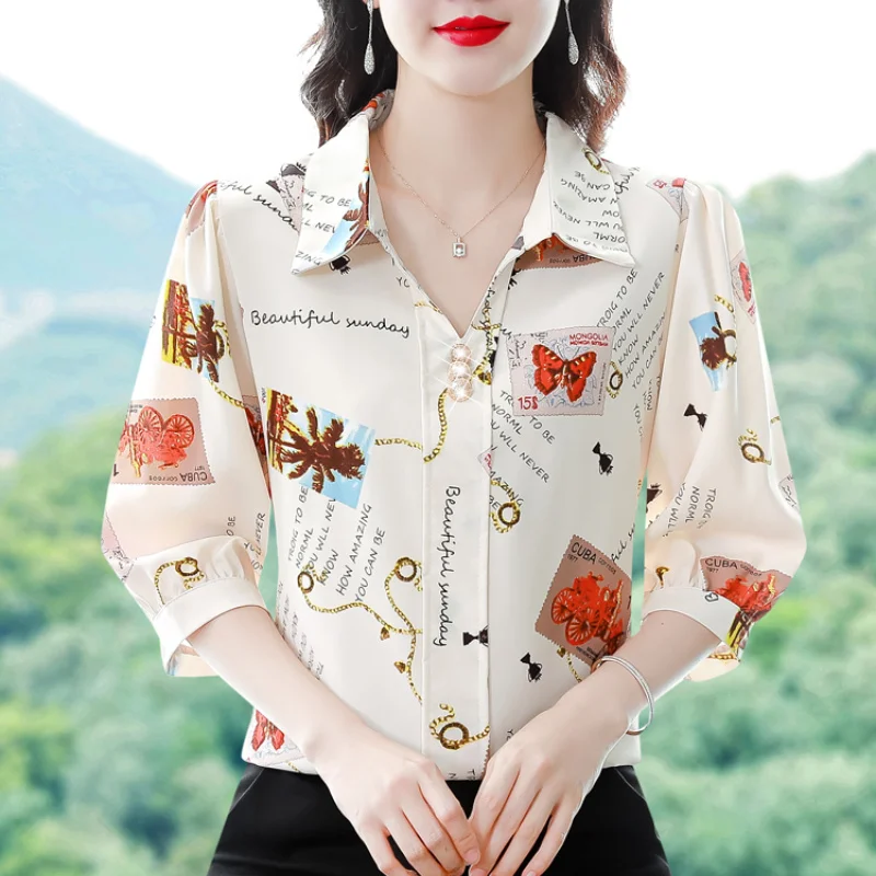 

4xl Silk Three Quarter Sleeve Women Blouse Summer Vintage Butterfly Printed V Neck Blusas Female Elegant Pullover Tops Mujer