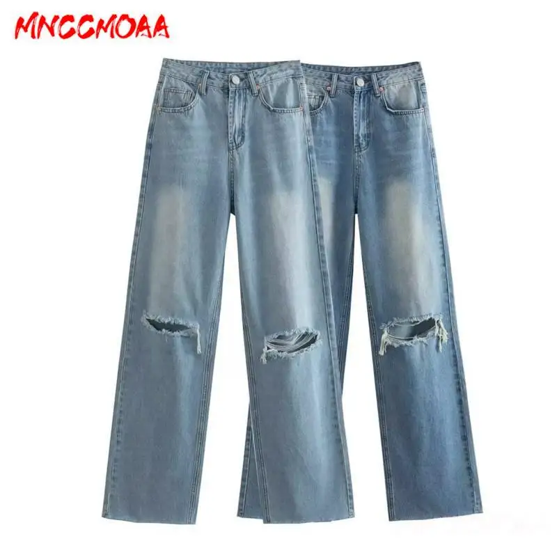 

MNCCMOAA 2024 Summer Women Fashion Vintage High Waist Zipper Denim Pants Female Casual Hole Loose Straight Trousers