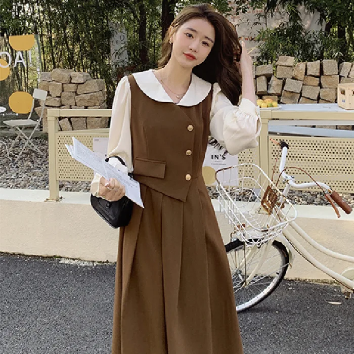 

Новинка сезона осень-зима 2023, женское модное темпераментное платье в французском ретро-стиле с длинным рукавом и круглым вырезом, имитация двух нарядов, модное женское платье