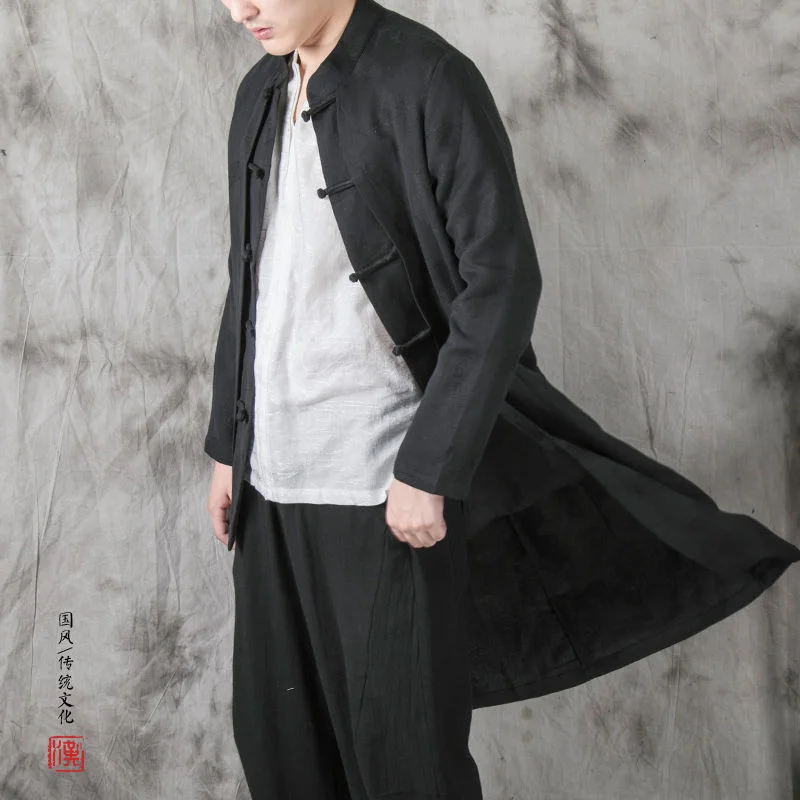 

MRGB 2022 Spring Fashion Men's Solid Trench Chinese Cotton Linen Male Black Retro Classic Long Coat Casual Oversize Man Jacket