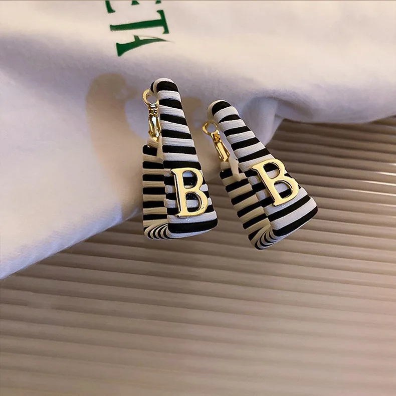 

Square Leather Black And White Stripe Letter Earrings Japanese And Korean Personality Versatile Earrings Temperament Net Red Ear