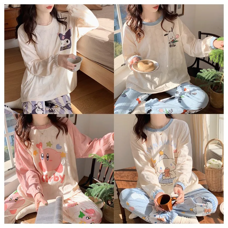 

Cartoon Sanrios Cinnamoroll Kuromi Pochacco Cute Women's Pajama Set Kawaii Long Sleeved Pants Home Wear 2-piece Set Girl Gift