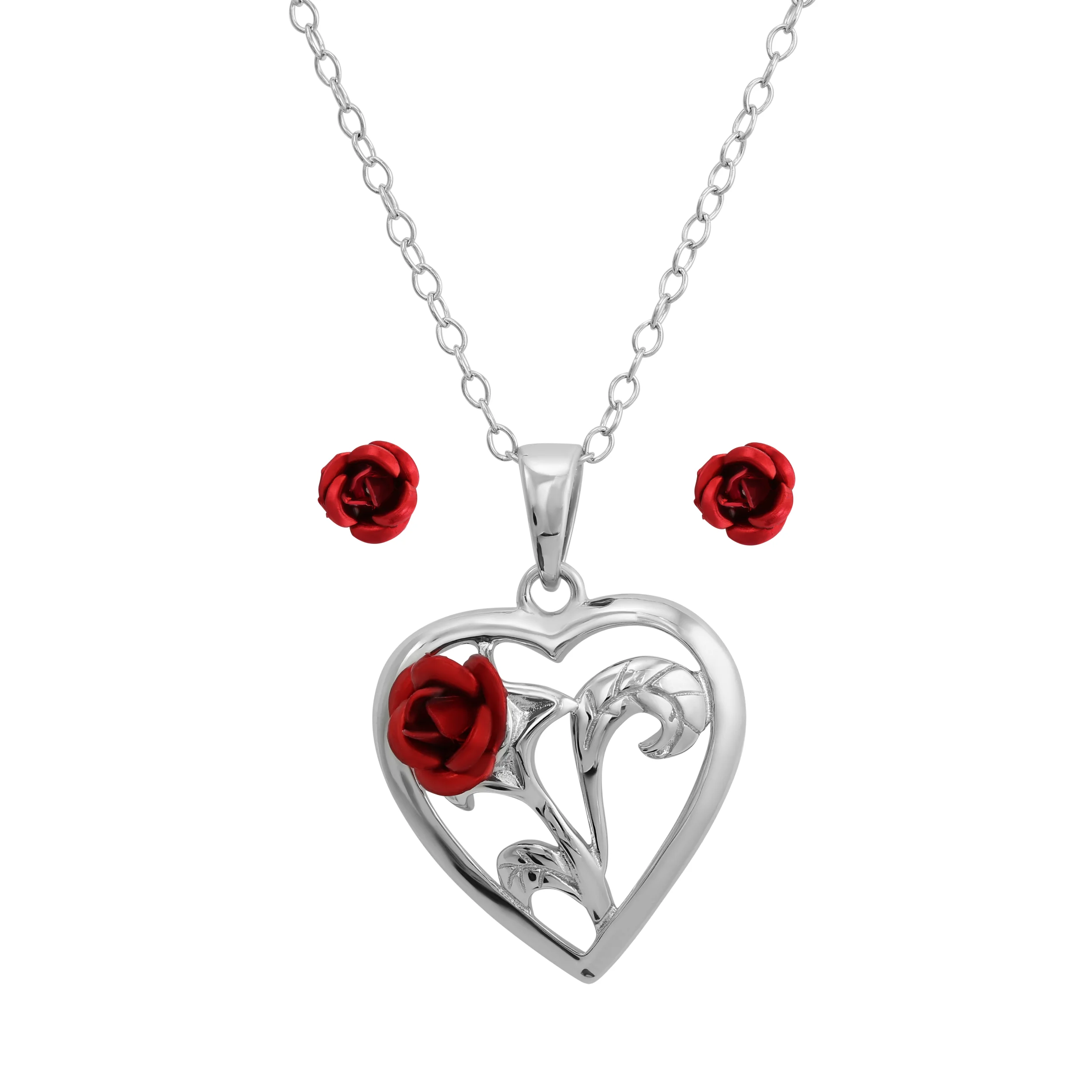 

Women`s Sterling Silver Red Rose Heart Pendant and Stud Earring Set