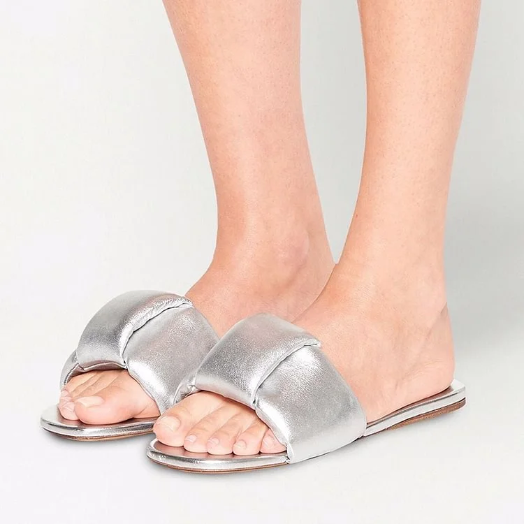 

Silver Flat Sandals Women'S Classy Open Toe Shoes Summer Casual Mules Handmade, customize sizing on your demand