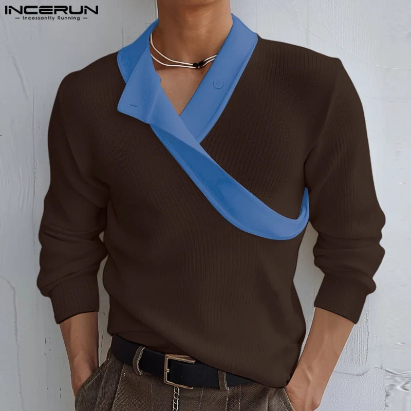 2024 Well Fitting Men Tops INCERUN Casual Solid Long Sleeve Pullovers Elegant Streetwear Male Sweaters American Style Tees S-5XL