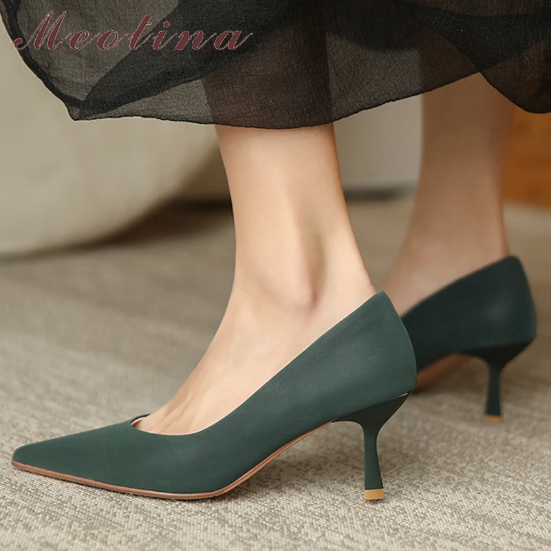 Meotina Women Genuine Leather Pointed Toe Thin High Heel Fashion Party Pumps Ladies Spring Autumn Shoes Green Black