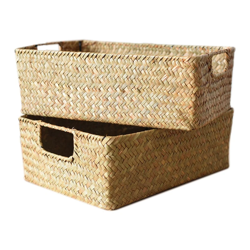 

2Pcs Hand-Woven Storage Basket Clothing Storage Basket Grass Woven Rectangular Storage Basket Sundries Organizer
