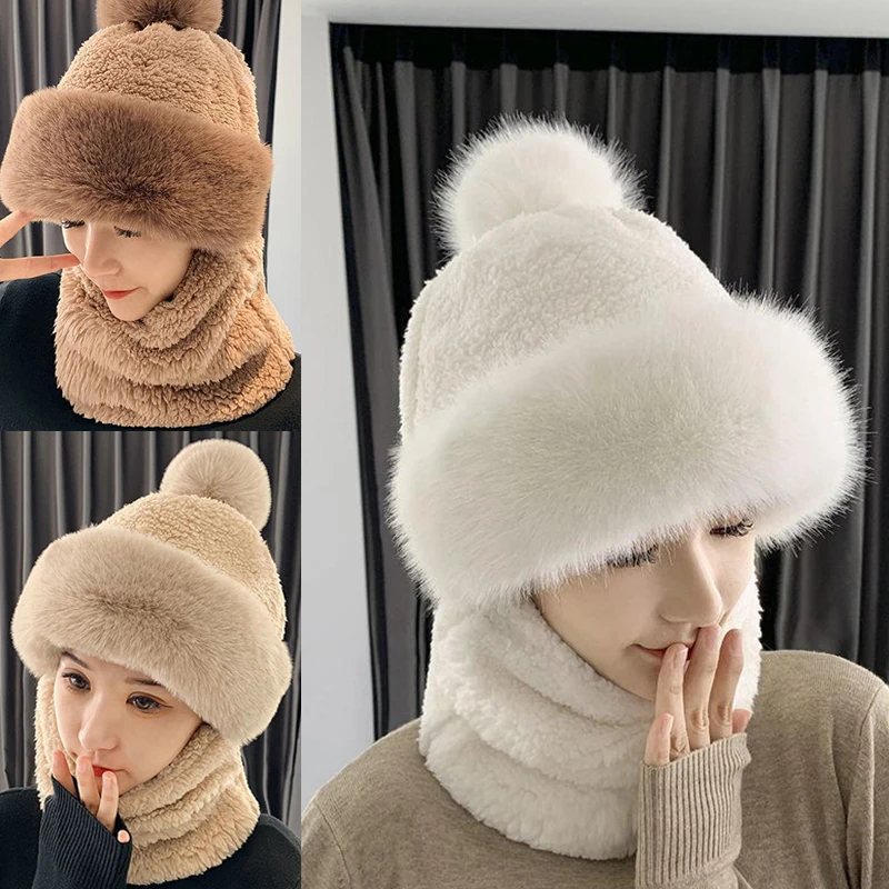

Winter Faux Cashmere Knitted Hat Women Ski Hat Plush Fleece Outdoor Windproof Warm Thick Hooded Scarf Neck Collar Masked Hat