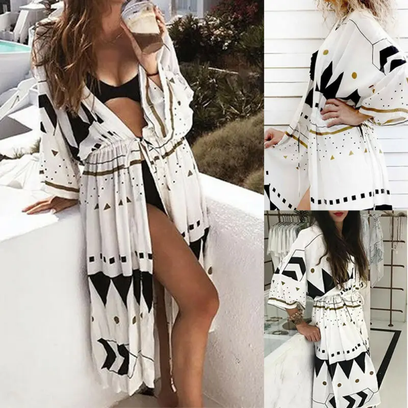 

Fashion Women Boho Floral Loose Shawl Kimono Cardigan Top Long Sleeve Casual Beach Cover Up Blouse