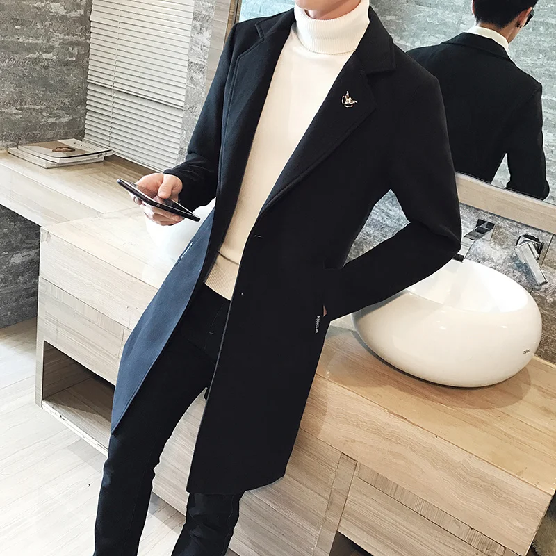 

Men Trench Coats Wool Blends New Fashion Men Overcoats Business Casual Trench Long Jackets Male Slim Fit Blends Coats Size 4XL