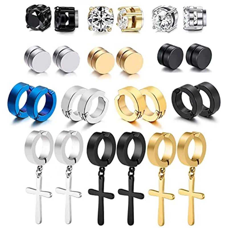 

13 Pairs of Stainless Steel Non-pierced Magnetic Earrings Men's and Women's Zircon Clip-on Pendant Earrings Set 857