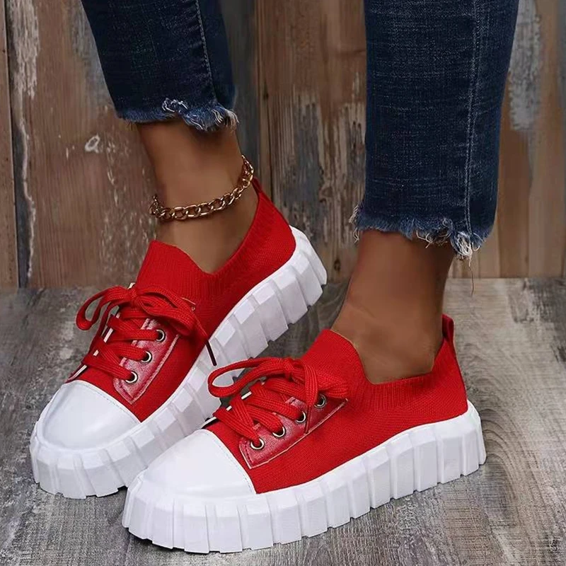 

Туфли Rimocy женские трикотажные на платформе, Стрейчевые тканевые туфли на шнуровке и плоской подошве, белые кроссовки большого размера, 2022