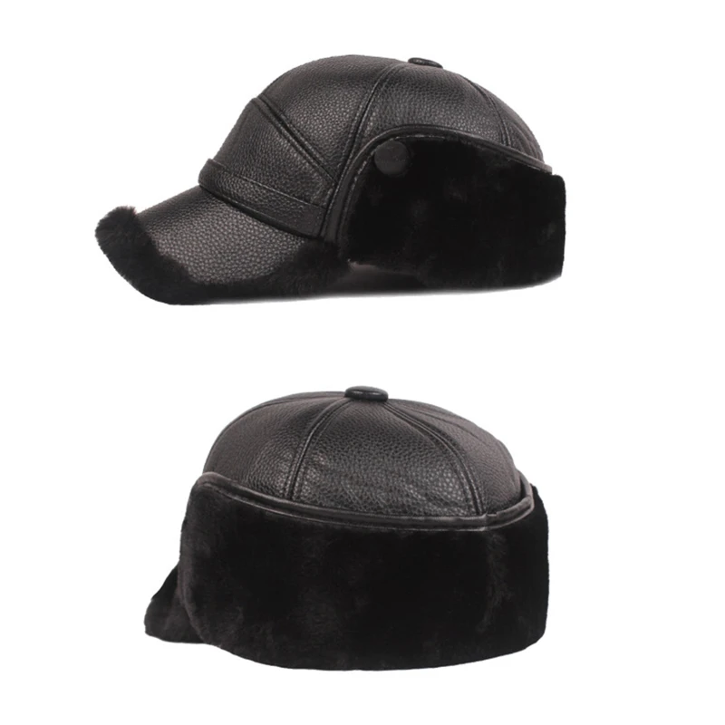 

Male Winter PU Bomber Hat Man Nubuck Thick Head Warm Dome Caps Elder Black/Brown Sewing Fitted