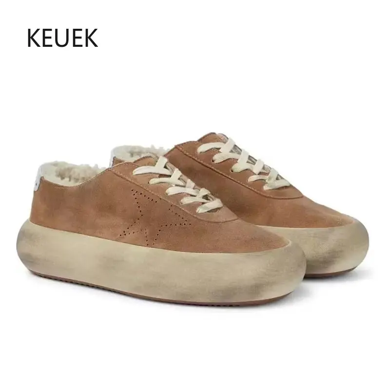 

New Design Winter Couples Thick Sole Wool Genuine Leather Casual Sneakers Men Shoes Women Flats Luxury Sneakers Loafers 2C