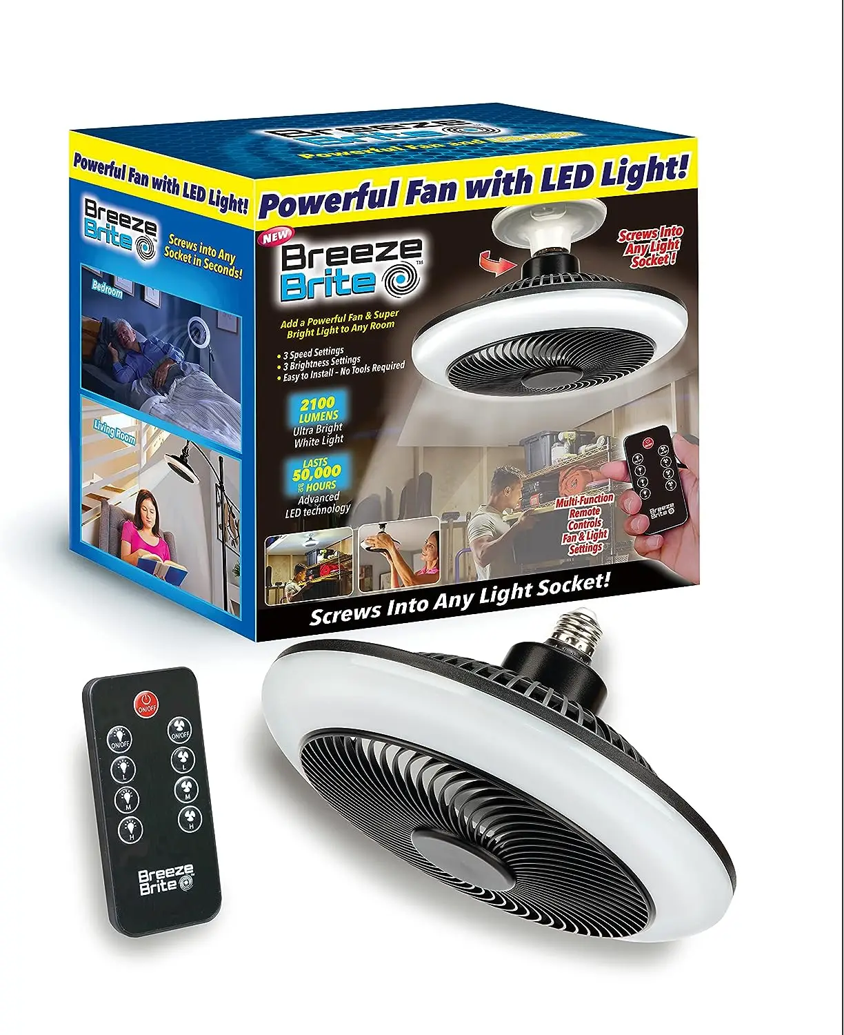 

Brite with LED Light, No Tools - Screw into any light socket 3 Speed Settings, 3 Brightness Settings up to 2100 Lumens Incl. Mu