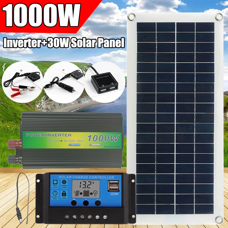 YAGOU 1000W Inverter Solar Panel System 220V Solar Panel Power 30W Car Battery Charger USB with Controller for Outdoor Camping