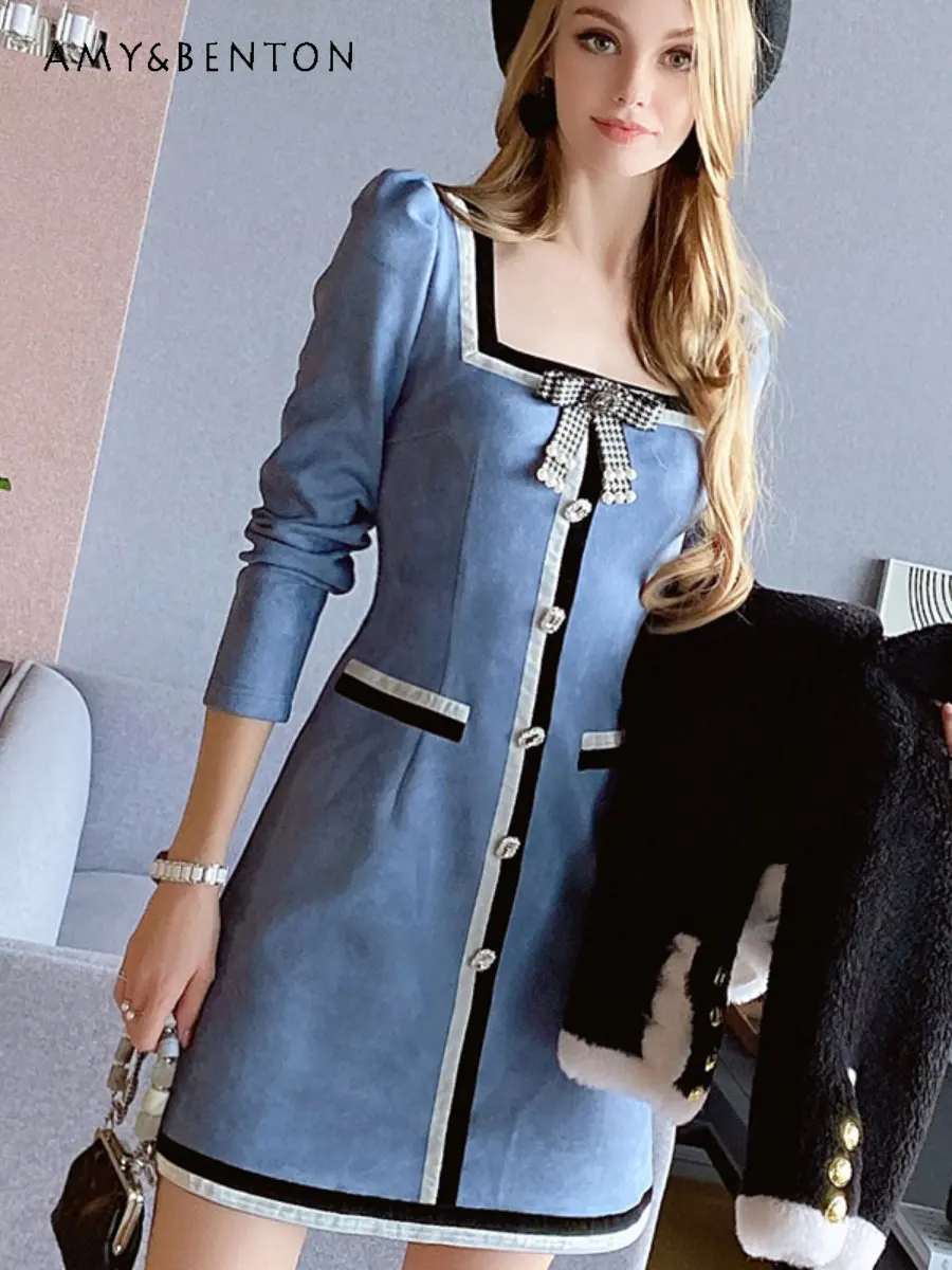 Fashion Elegant Slimming A- Line Dress Women's Retro Suede Color-Contrasting Stripe Bow Long Sleeve Dress for Spring Women